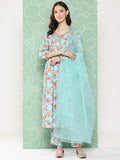 Janasya Women's Aqua Blue Moss Digital Floral Printed Gathered Festive Kurta Set | Grocsy