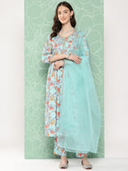 Janasya Women's Aqua Blue Moss Digital Floral Printed Gathered Festive Kurta Set | Grocsy