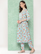 Janasya Women's Aqua Blue Moss Digital Floral Printed Gathered Festive Kurta Set | Grocsy
