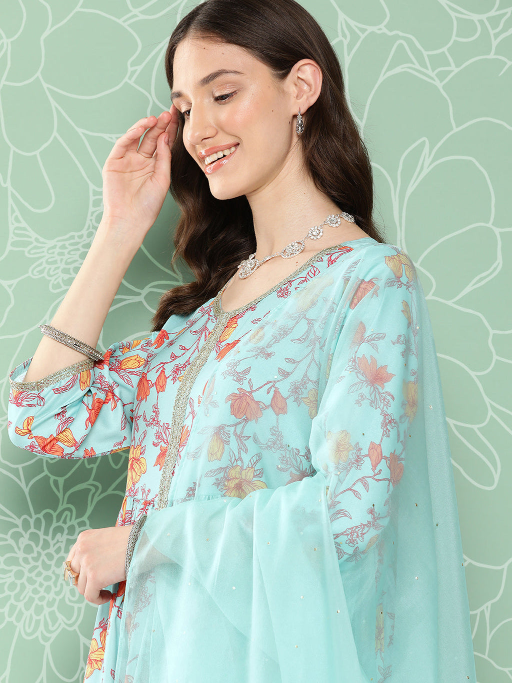 Janasya Women's Aqua Blue Moss Digital Floral Printed Gathered Festive Kurta Set | Grocsy