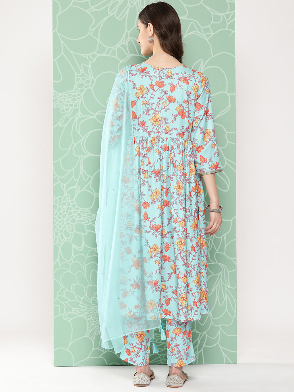 Janasya Women's Aqua Blue Moss Digital Floral Printed Gathered Festive Kurta Set | Grocsy
