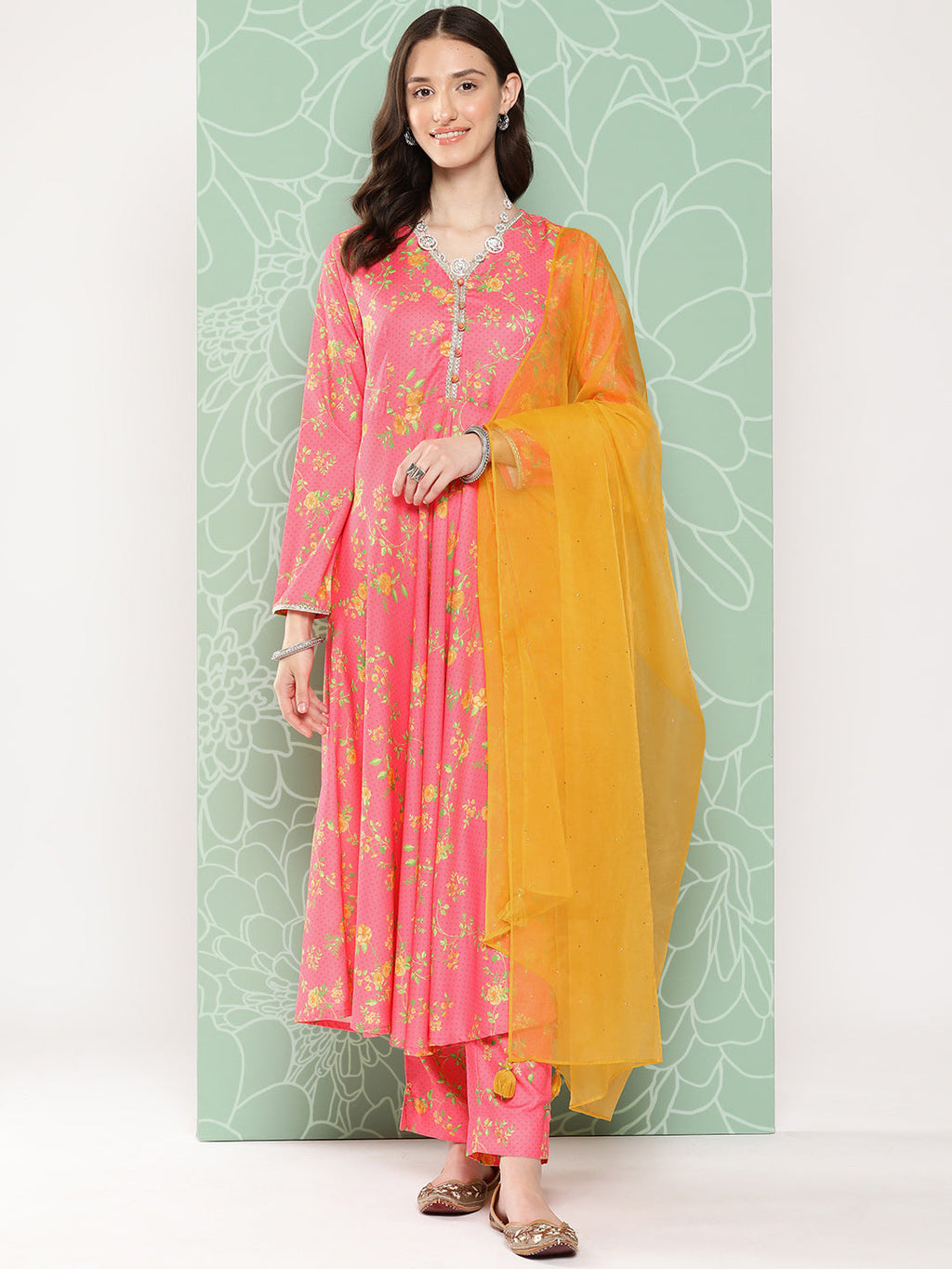 Janasya Women's Pink Moss Digital Floral Printed Panelled Festive Kurta Set | Grocsy
