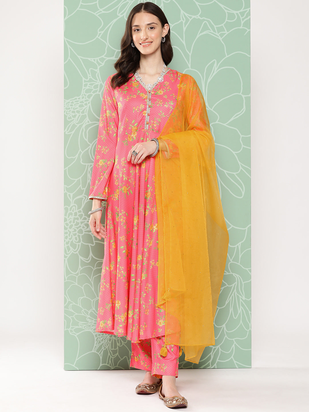 Janasya Women's Pink Moss Digital Floral Printed Panelled Festive Kurta Set | Grocsy
