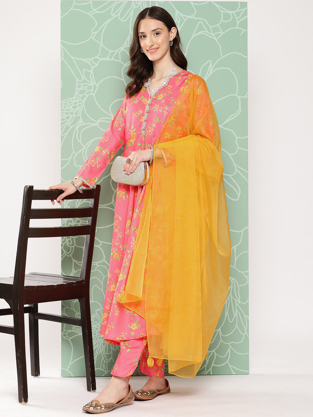 Janasya Women's Pink Moss Digital Floral Printed Panelled Festive Kurta Set | Grocsy