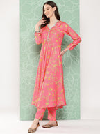 Janasya Women's Pink Moss Digital Floral Printed Panelled Festive Kurta Set | Grocsy