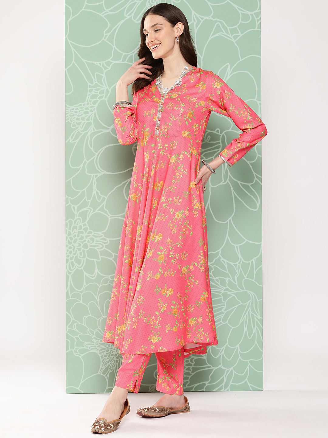 Janasya Women's Pink Moss Digital Floral Printed Panelled Festive Kurta Set | Grocsy