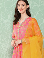 Janasya Women's Pink Moss Digital Floral Printed Panelled Festive Kurta Set | Grocsy