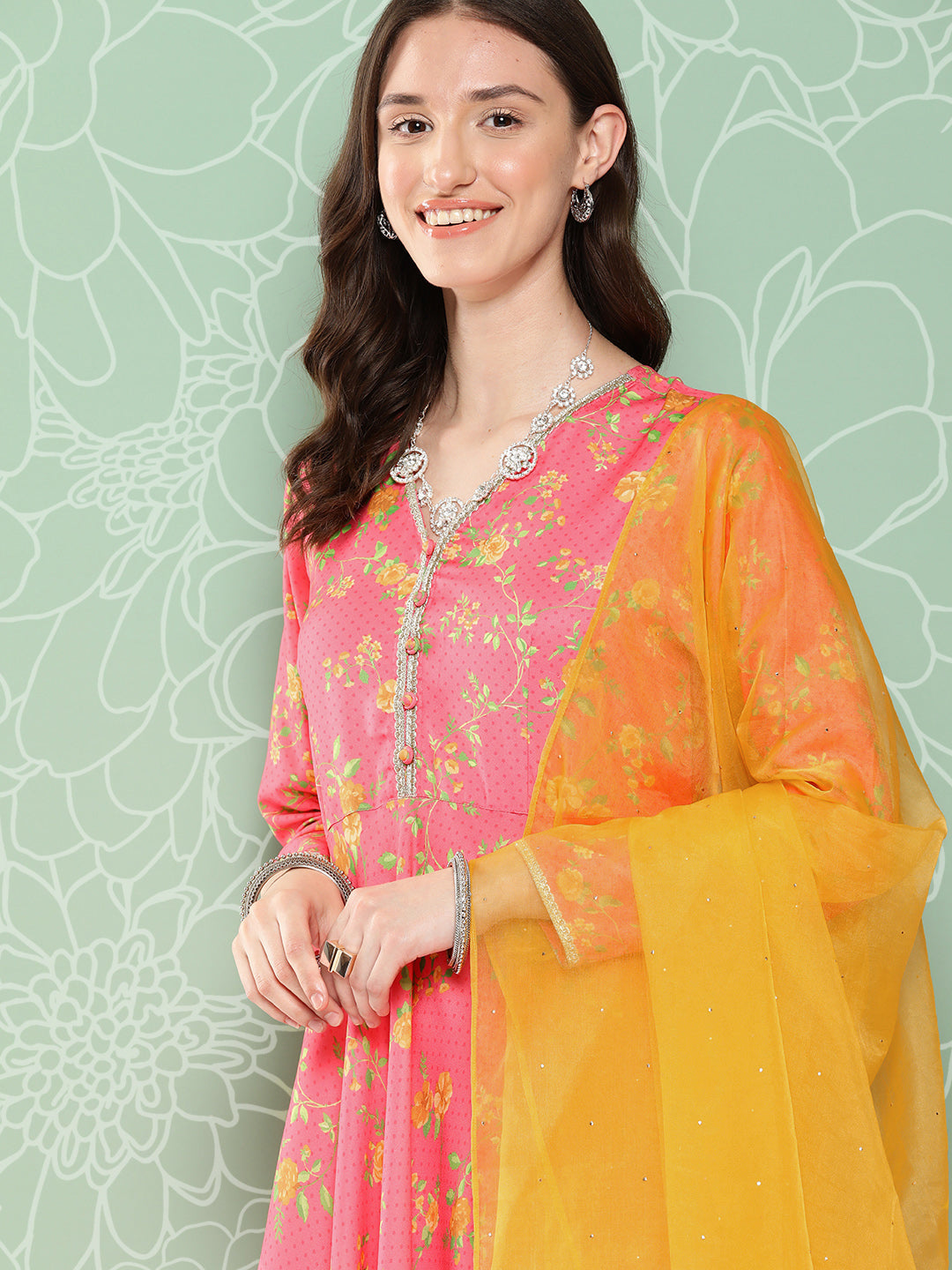 Janasya Women's Pink Moss Digital Floral Printed Panelled Festive Kurta Set | Grocsy