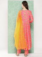 Janasya Women's Pink Moss Digital Floral Printed Panelled Festive Kurta Set | Grocsy