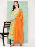 Janasya Women's Yellow Moss Digital Floral Printed Flared Festive Kurta Set | Grocsy