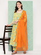 Janasya Women's Yellow Moss Digital Floral Printed Flared Festive Kurta Set | Grocsy