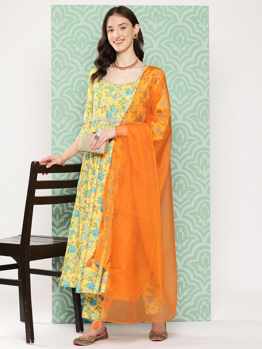 Janasya Women's Yellow Moss Digital Floral Printed Flared Festive Kurta Set | Grocsy