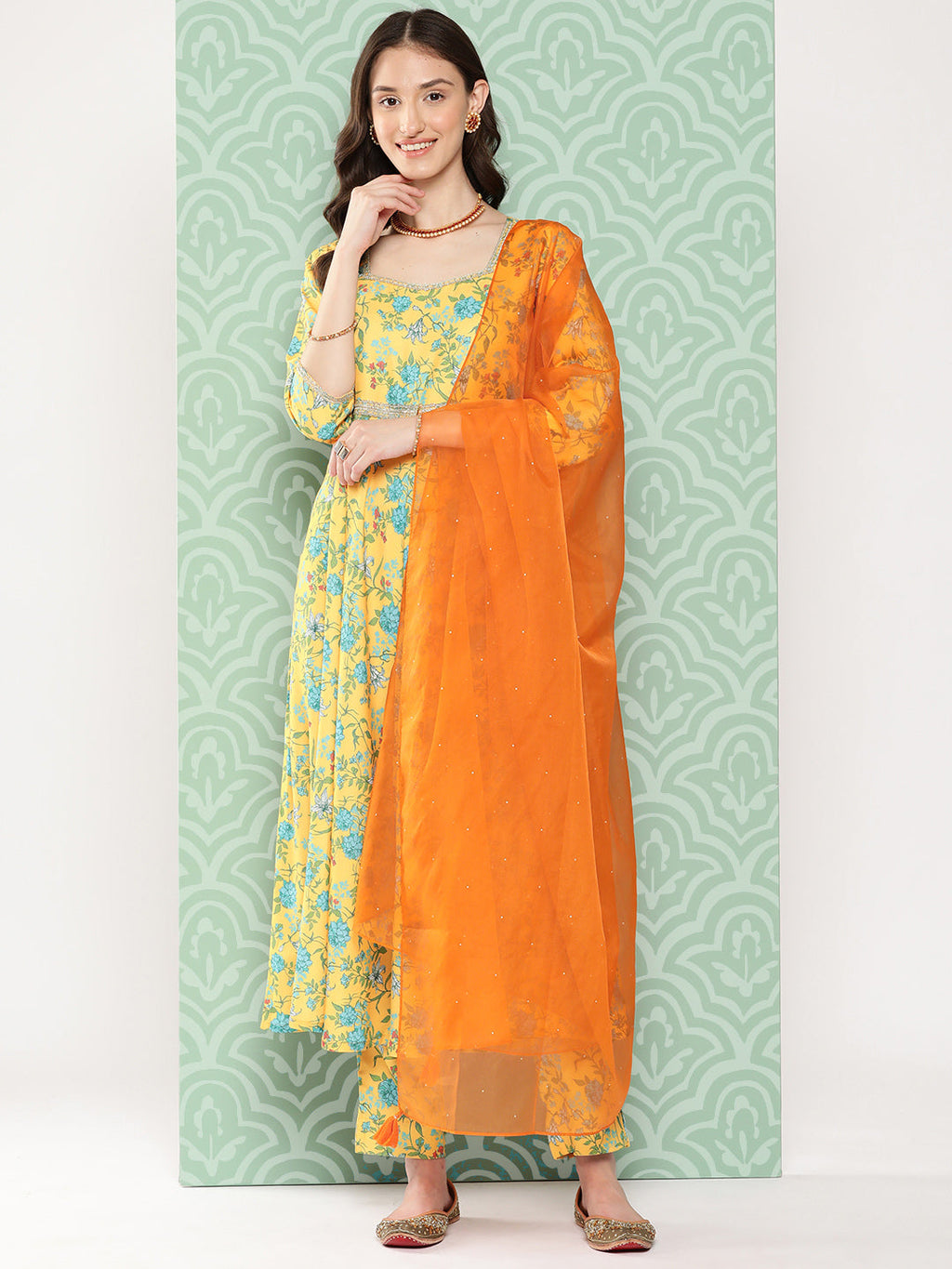 Janasya Women's Yellow Moss Digital Floral Printed Flared Festive Kurta Set | Grocsy