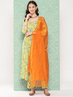 Janasya Women's Yellow Moss Digital Floral Printed Flared Festive Kurta Set | Grocsy