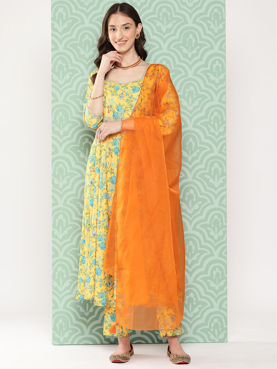Janasya Women's Yellow Moss Digital Floral Printed Flared Festive Kurta Set | Grocsy