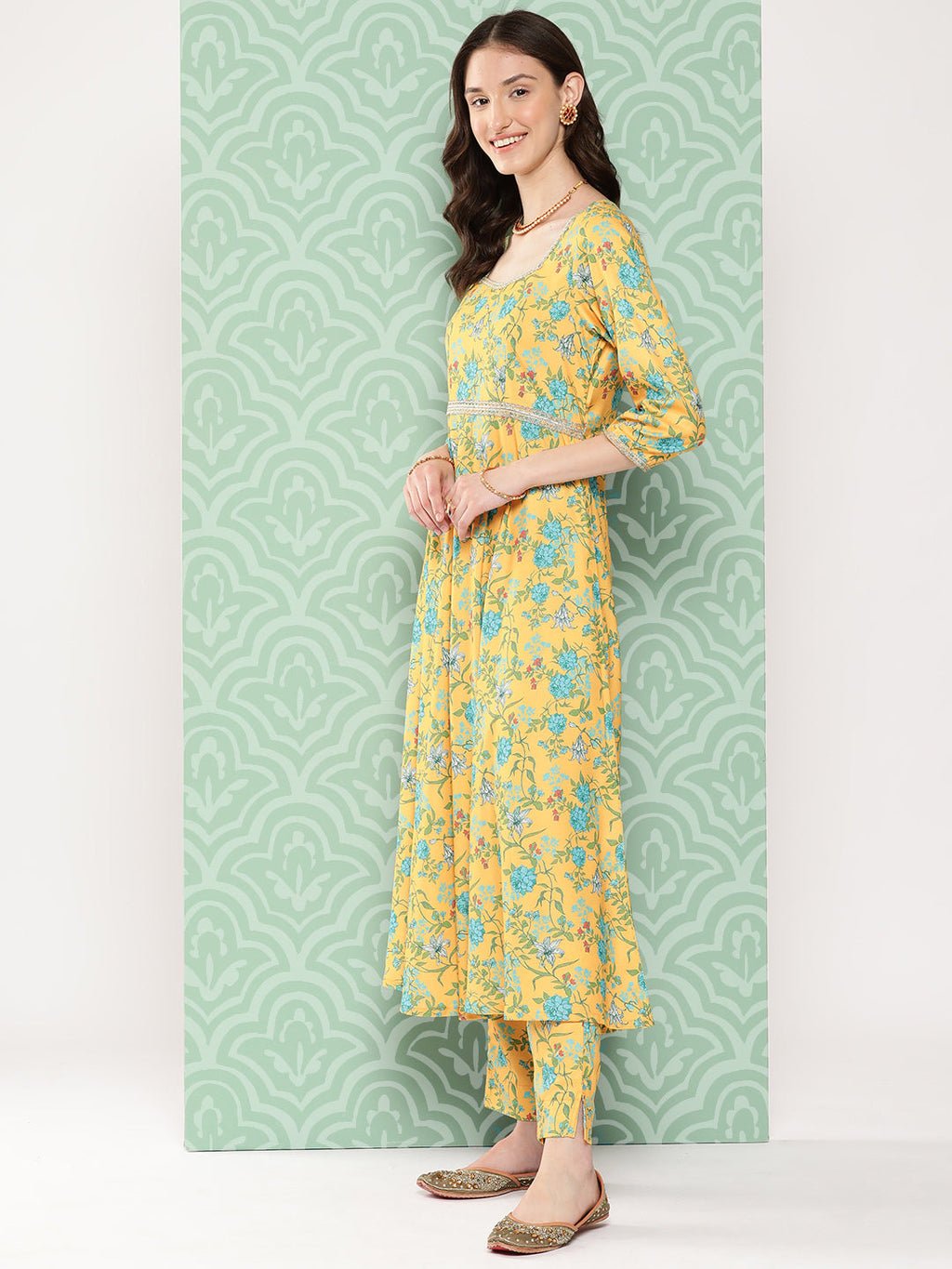 Janasya Women's Yellow Moss Digital Floral Printed Flared Festive Kurta Set | Grocsy