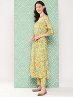 Janasya Women's Yellow Moss Digital Floral Printed Flared Festive Kurta Set | Grocsy