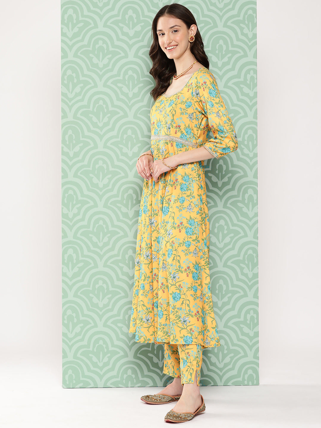 Janasya Women's Yellow Moss Digital Floral Printed Flared Festive Kurta Set | Grocsy