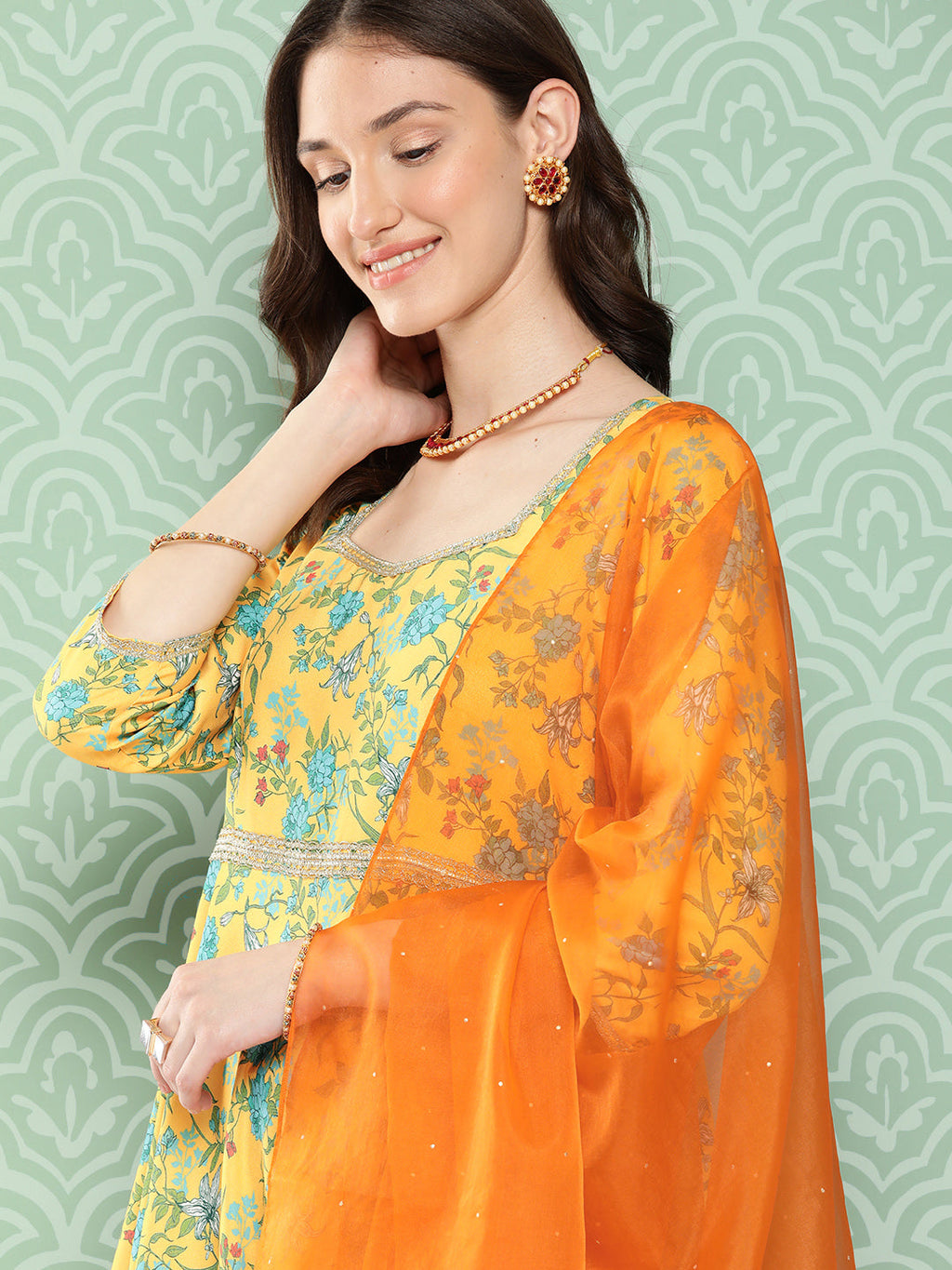 Janasya Women's Yellow Moss Digital Floral Printed Flared Festive Kurta Set | Grocsy