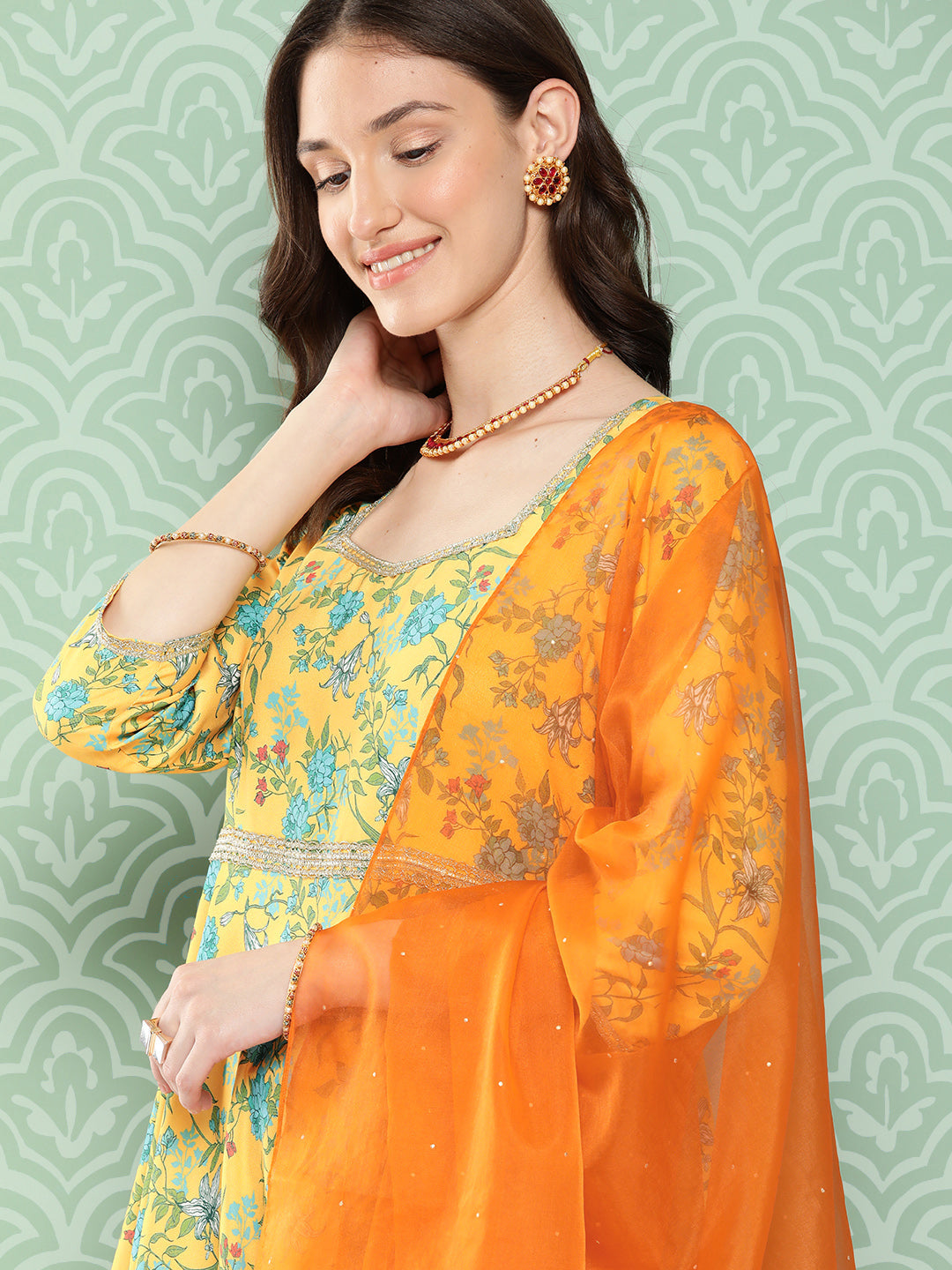 Janasya Women's Yellow Moss Digital Floral Printed Flared Festive Kurta Set | Grocsy