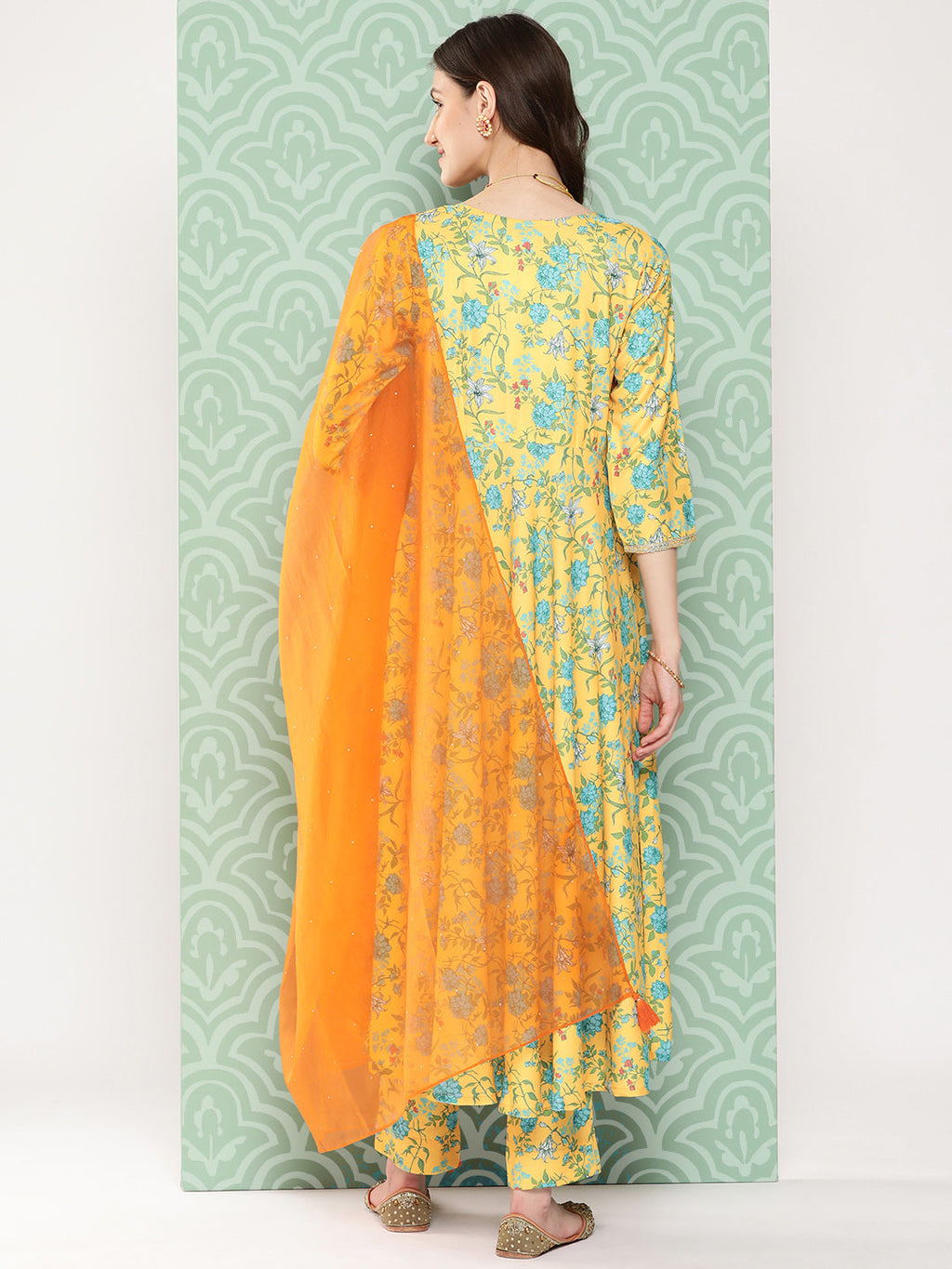 Janasya Women's Yellow Moss Digital Floral Printed Flared Festive Kurta Set | Grocsy