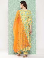 Janasya Women's Yellow Moss Digital Floral Printed Flared Festive Kurta Set | Grocsy