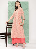 Janasya Women's Peach Georgette Digital Floral Printed Front Slit Festive Kurta Set | Grocsy