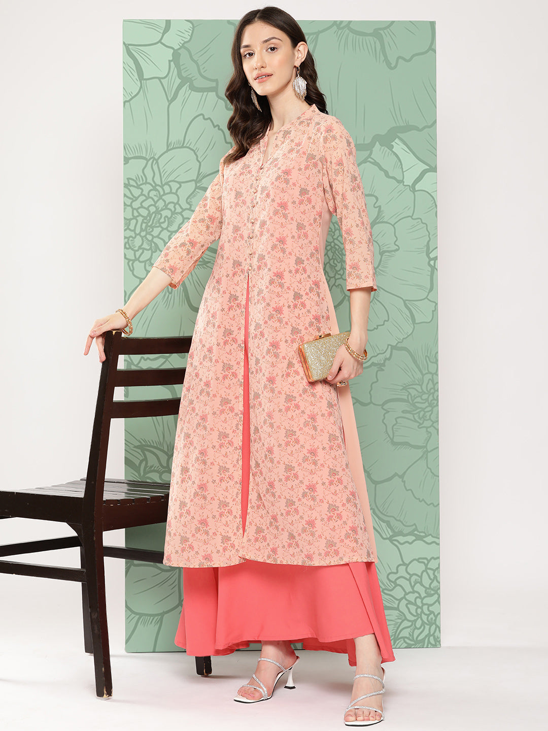 Janasya Women's Peach Georgette Digital Floral Printed Front Slit Festive Kurta Set | Grocsy
