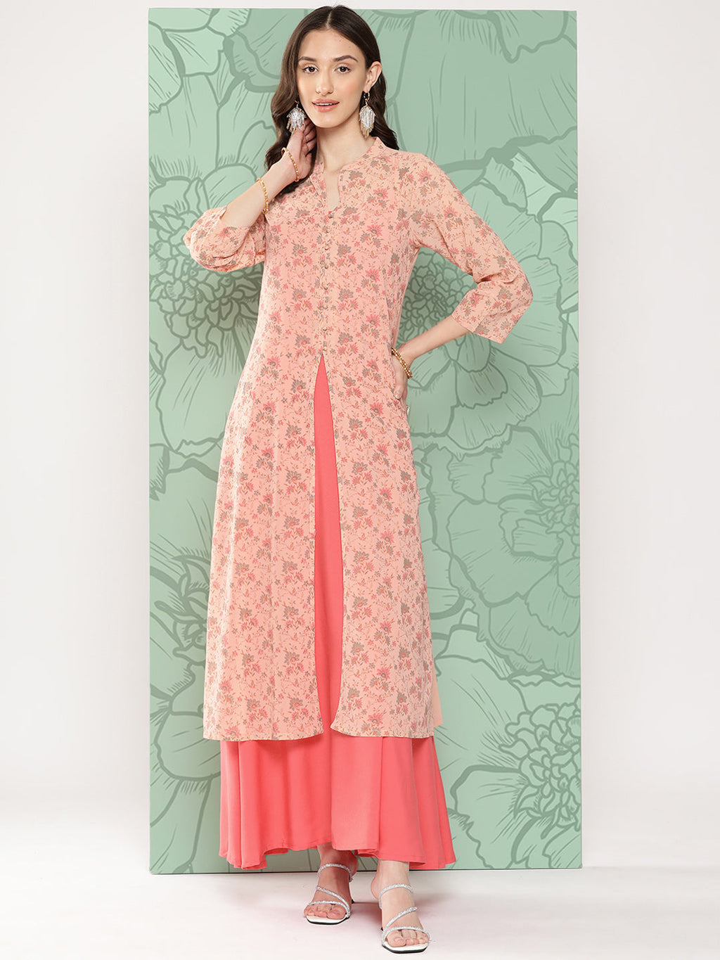 Janasya Women's Peach Georgette Digital Floral Printed Front Slit Festive Kurta Set | Grocsy