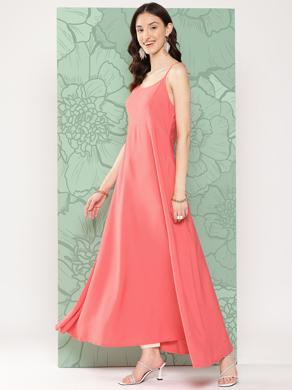 Janasya Women's Peach Georgette Digital Floral Printed Front Slit Festive Kurta Set | Grocsy