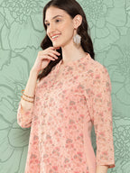 Janasya Women's Peach Georgette Digital Floral Printed Front Slit Festive Kurta Set | Grocsy