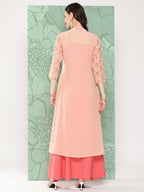 Janasya Women's Peach Georgette Digital Floral Printed Front Slit Festive Kurta Set | Grocsy