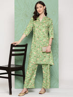Janasya Women's Green Moss Digital Floral Printed Straight Casual Kurta Set | Grocsy