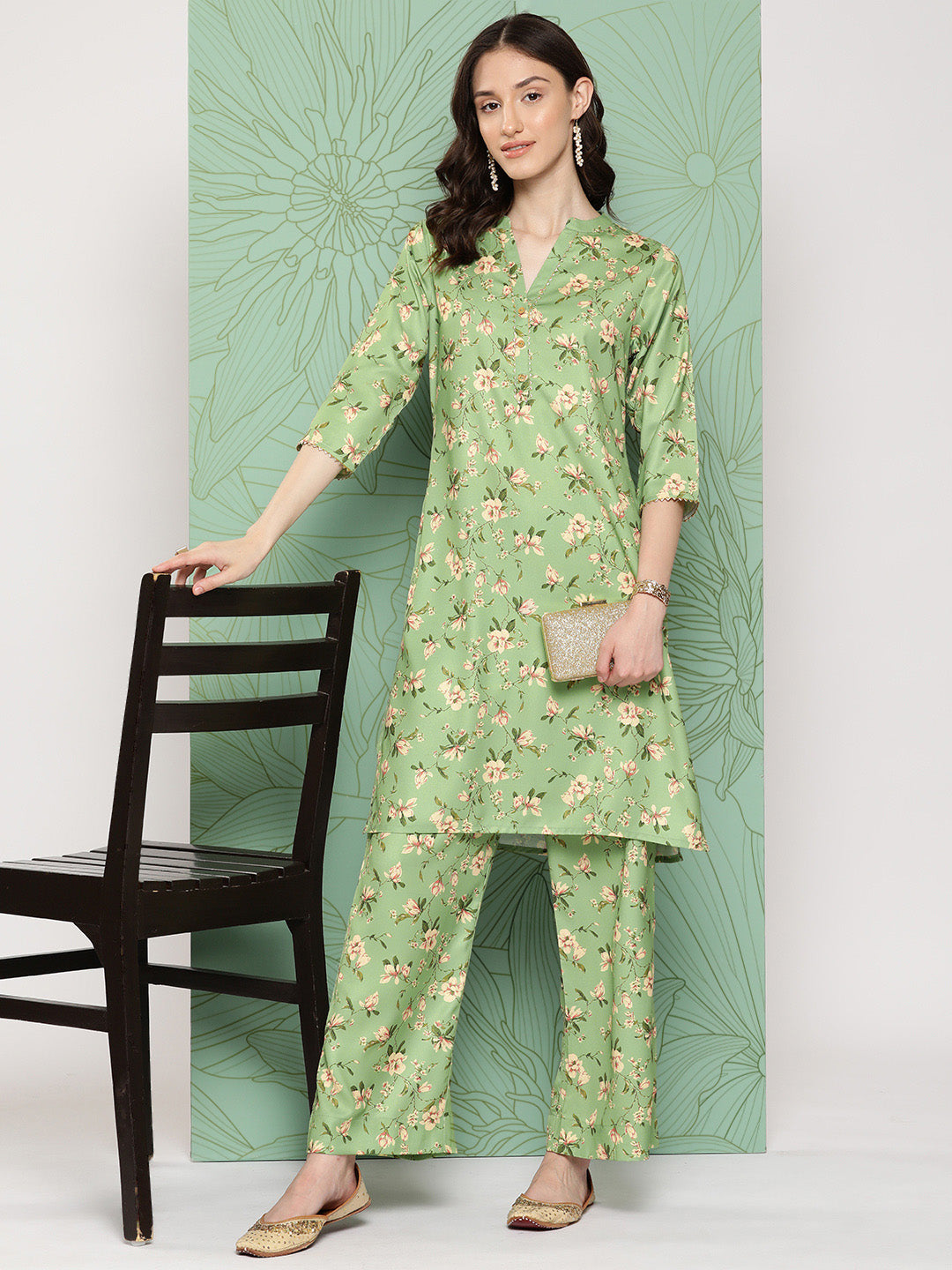 Janasya Women's Green Moss Digital Floral Printed Straight Casual Kurta Set | Grocsy