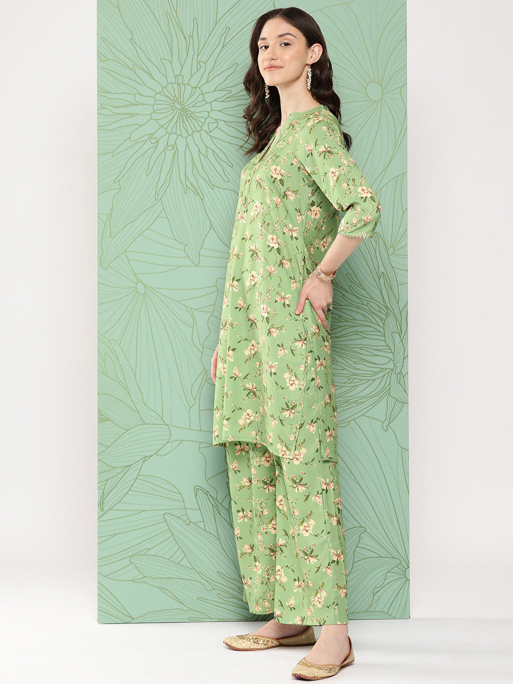 Janasya Women's Green Moss Digital Floral Printed Straight Casual Kurta Set | Grocsy