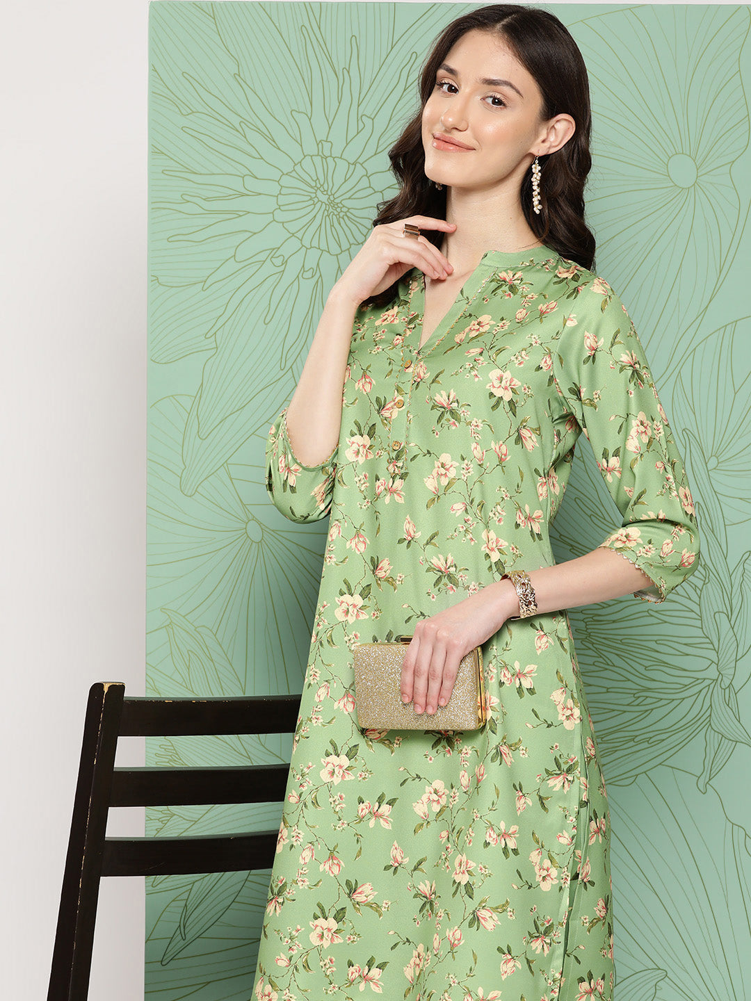 Janasya Women's Green Moss Digital Floral Printed Straight Casual Kurta Set | Grocsy