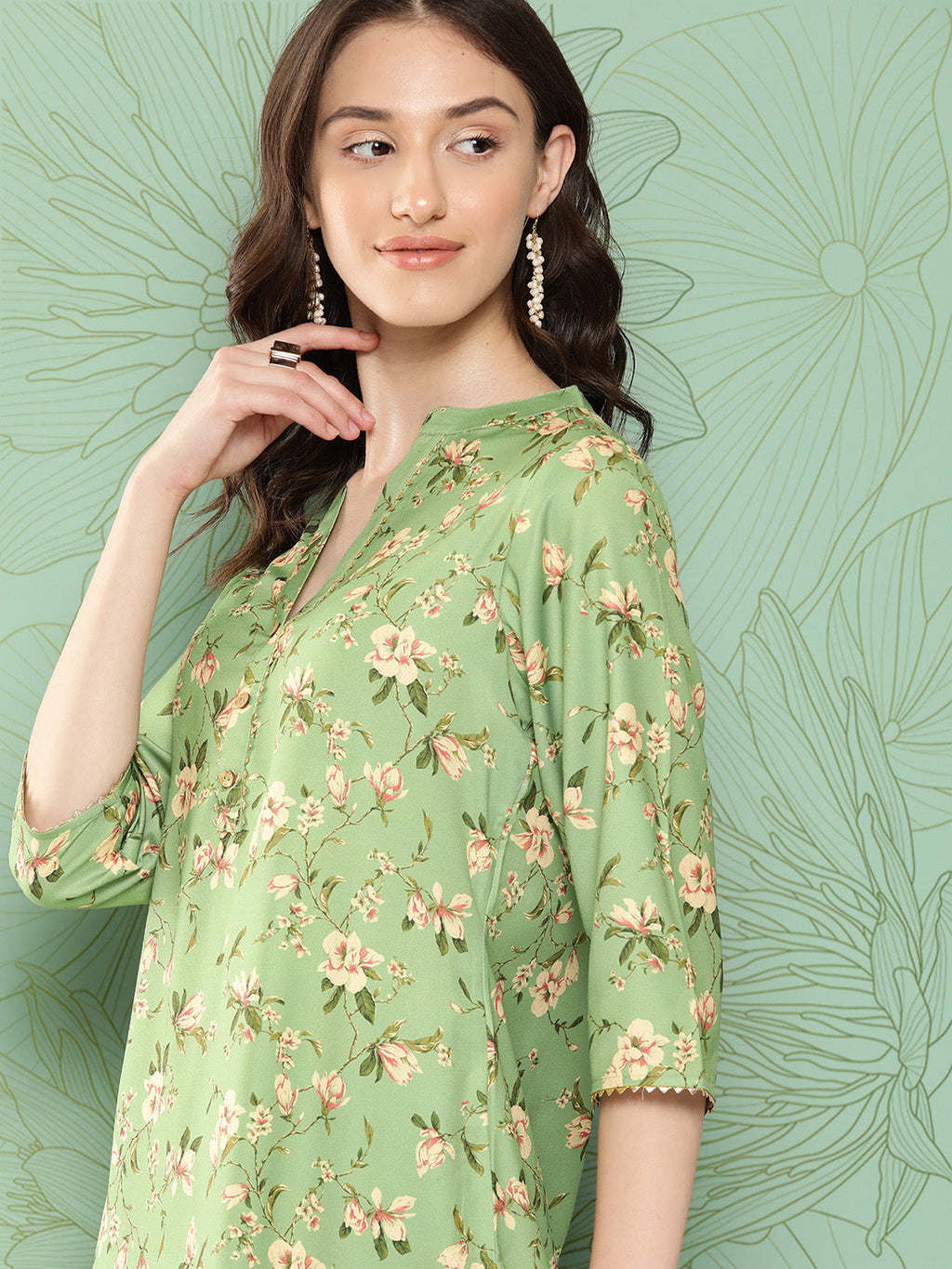 Janasya Women's Green Moss Digital Floral Printed Straight Casual Kurta Set | Grocsy
