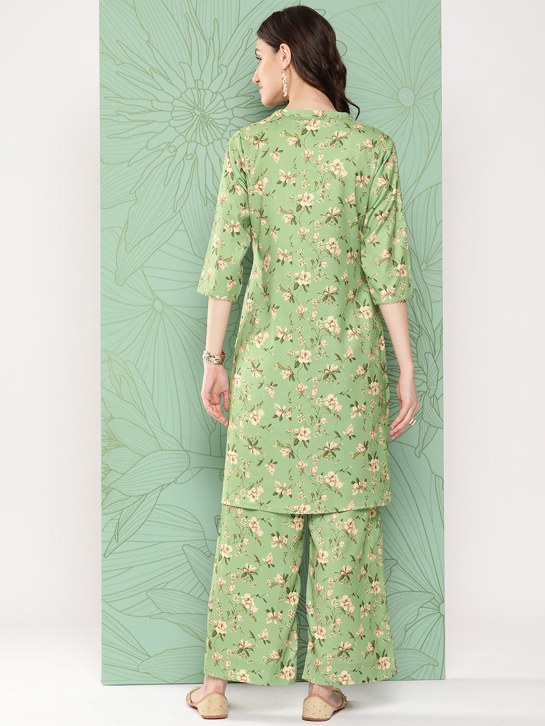 Janasya Women's Green Moss Digital Floral Printed Straight Casual Kurta Set | Grocsy