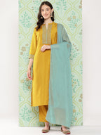 Janasya Women's Mustard Crepe Silk Solid Straight Festive Kurta Set | Grocsy