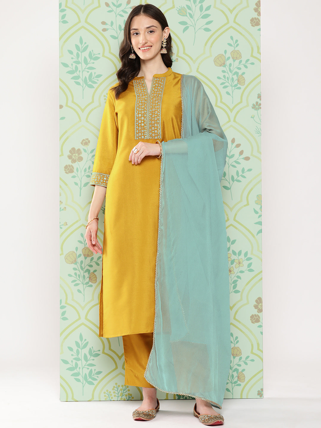 Janasya Women's Mustard Crepe Silk Solid Straight Festive Kurta Set | Grocsy