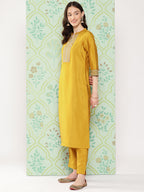 Janasya Women's Mustard Crepe Silk Solid Straight Festive Kurta Set | Grocsy