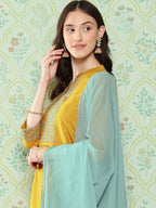 Janasya Women's Mustard Crepe Silk Solid Straight Festive Kurta Set | Grocsy