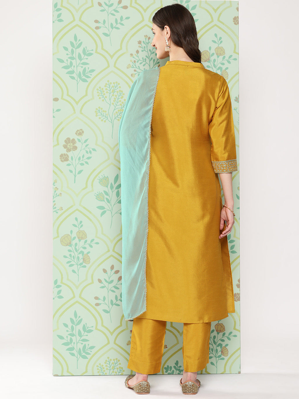 Janasya Women's Mustard Crepe Silk Solid Straight Festive Kurta Set | Grocsy