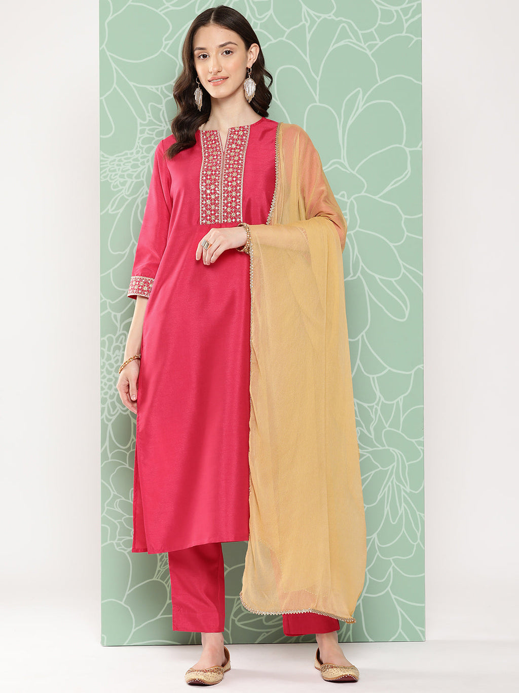 Janasya Women's Pink Crepe Silk Solid Straight Festive Kurta Set | Grocsy