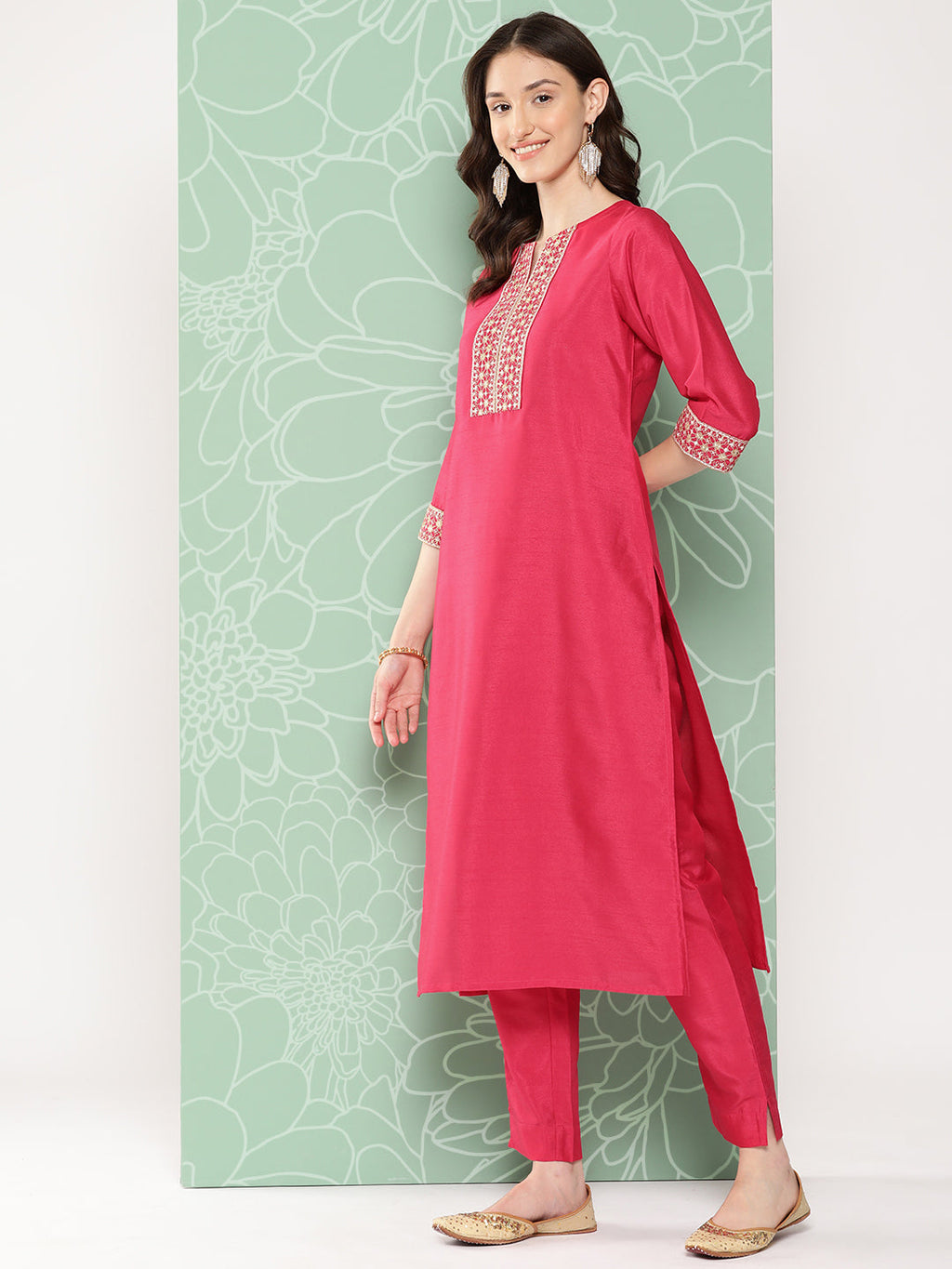 Janasya Women's Pink Crepe Silk Solid Straight Festive Kurta Set | Grocsy