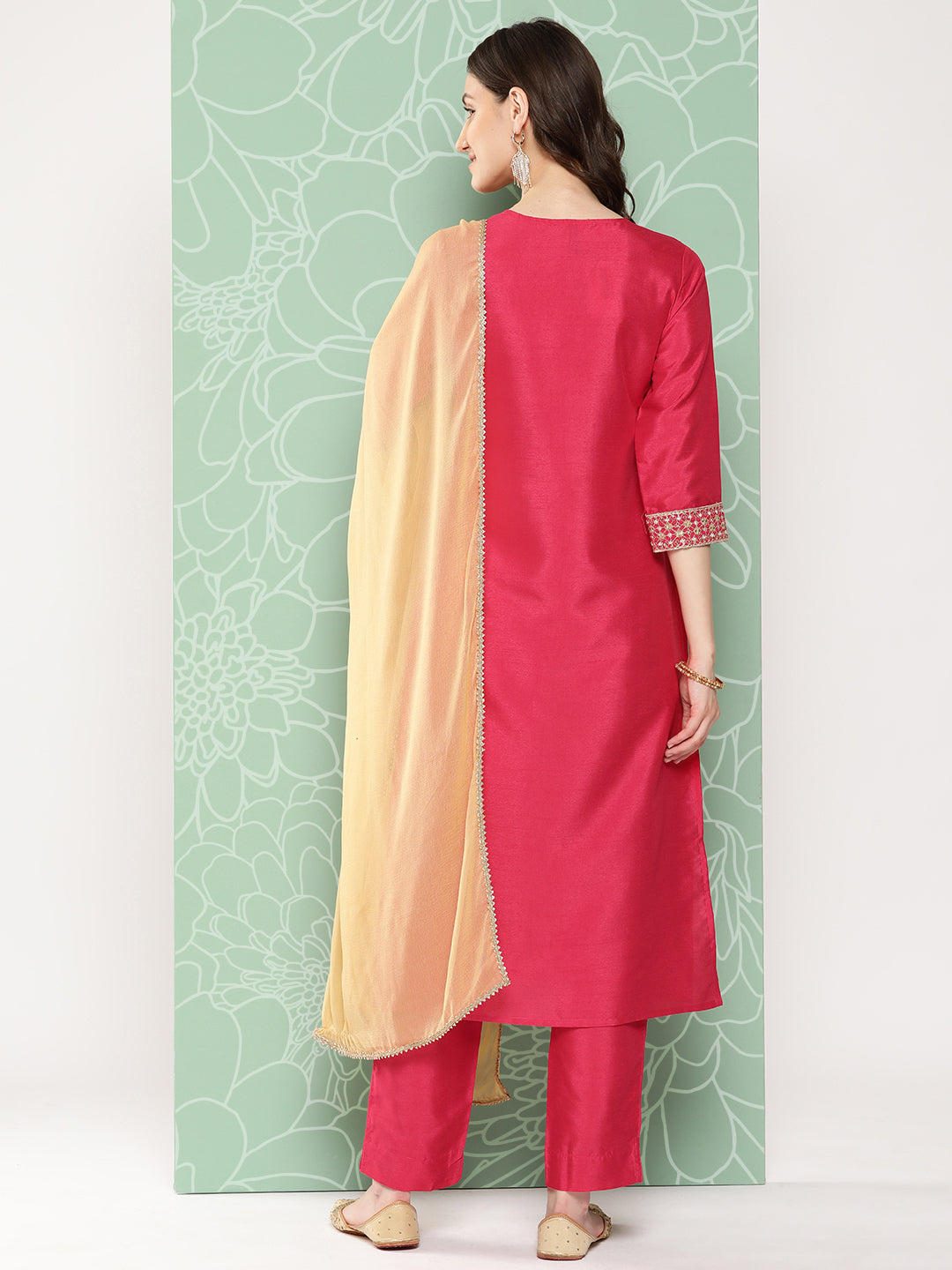 Janasya Women's Pink Crepe Silk Solid Straight Festive Kurta Set | Grocsy
