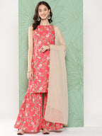 Janasya Women's Pink Moss Digital Floral Printed Straight Festive Kurta Set | Grocsy