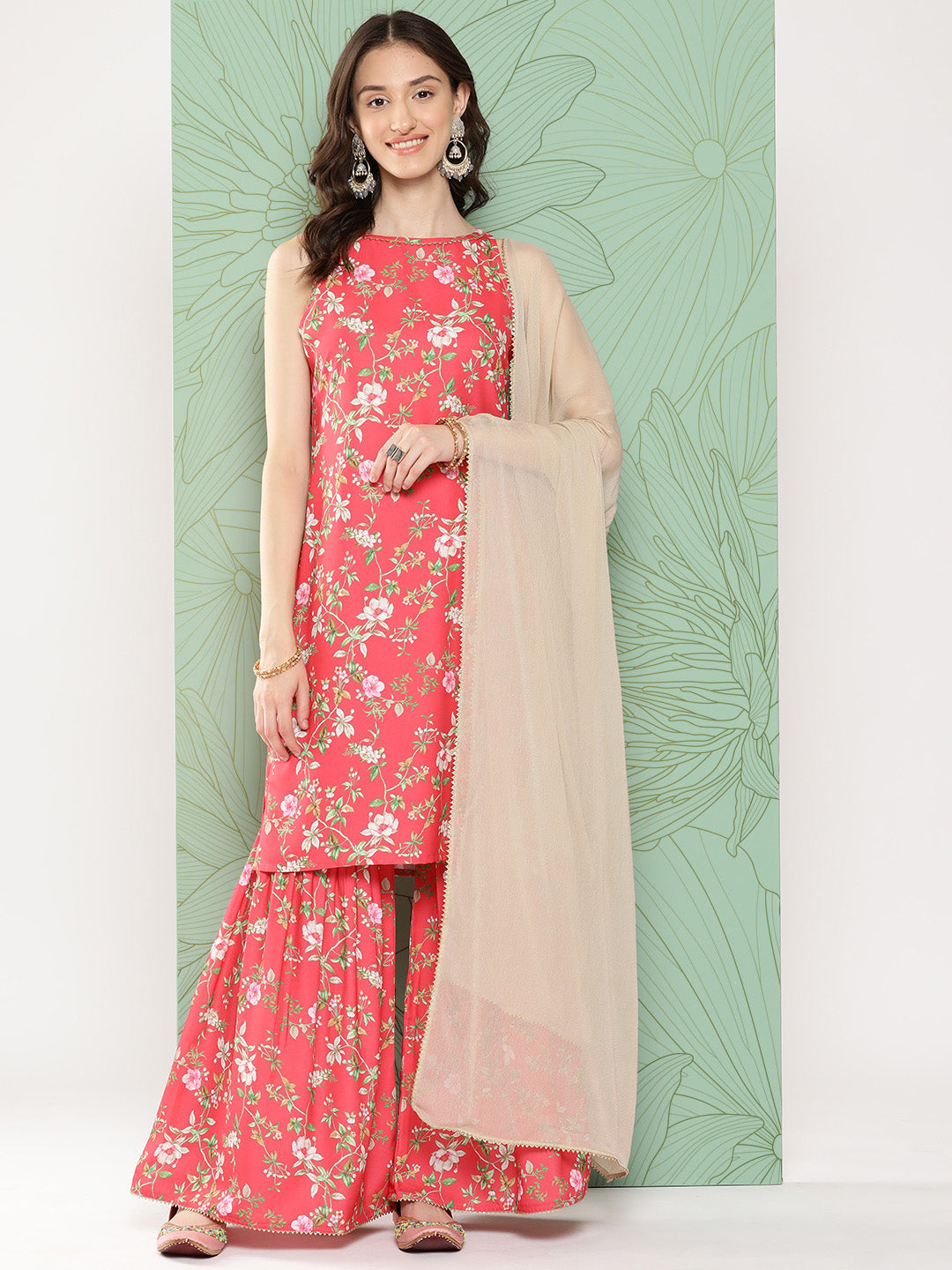 Janasya Women's Pink Moss Digital Floral Printed Straight Festive Kurta Set | Grocsy
