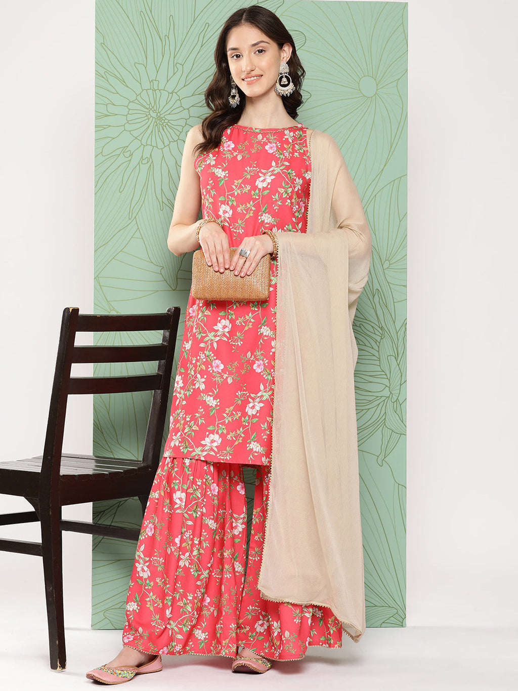 Janasya Women's Pink Moss Digital Floral Printed Straight Festive Kurta Set | Grocsy
