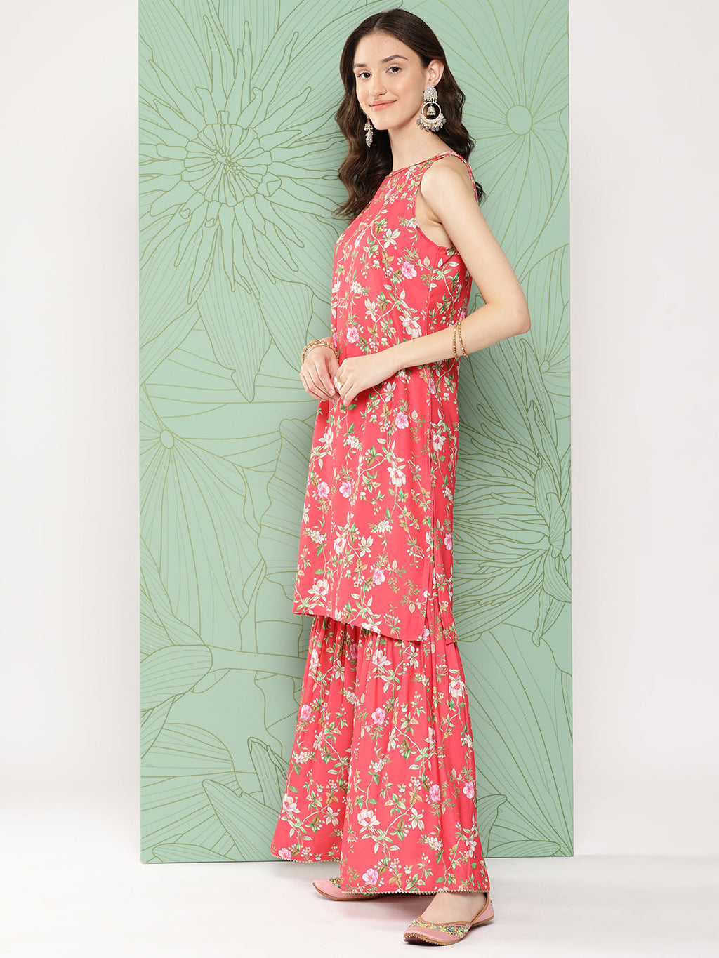 Janasya Women's Pink Moss Digital Floral Printed Straight Festive Kurta Set | Grocsy